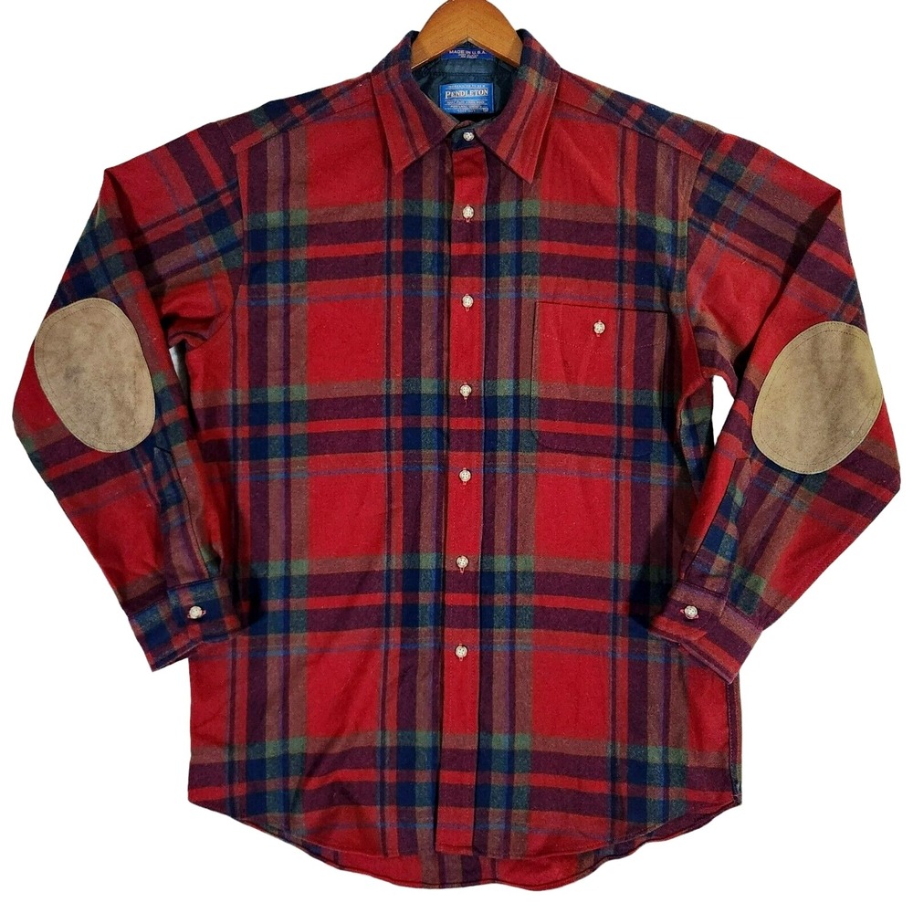 VTG Pendleton Virgin Wool Plaid Shirt Men's Medium Red Elbow Patch Made in USA